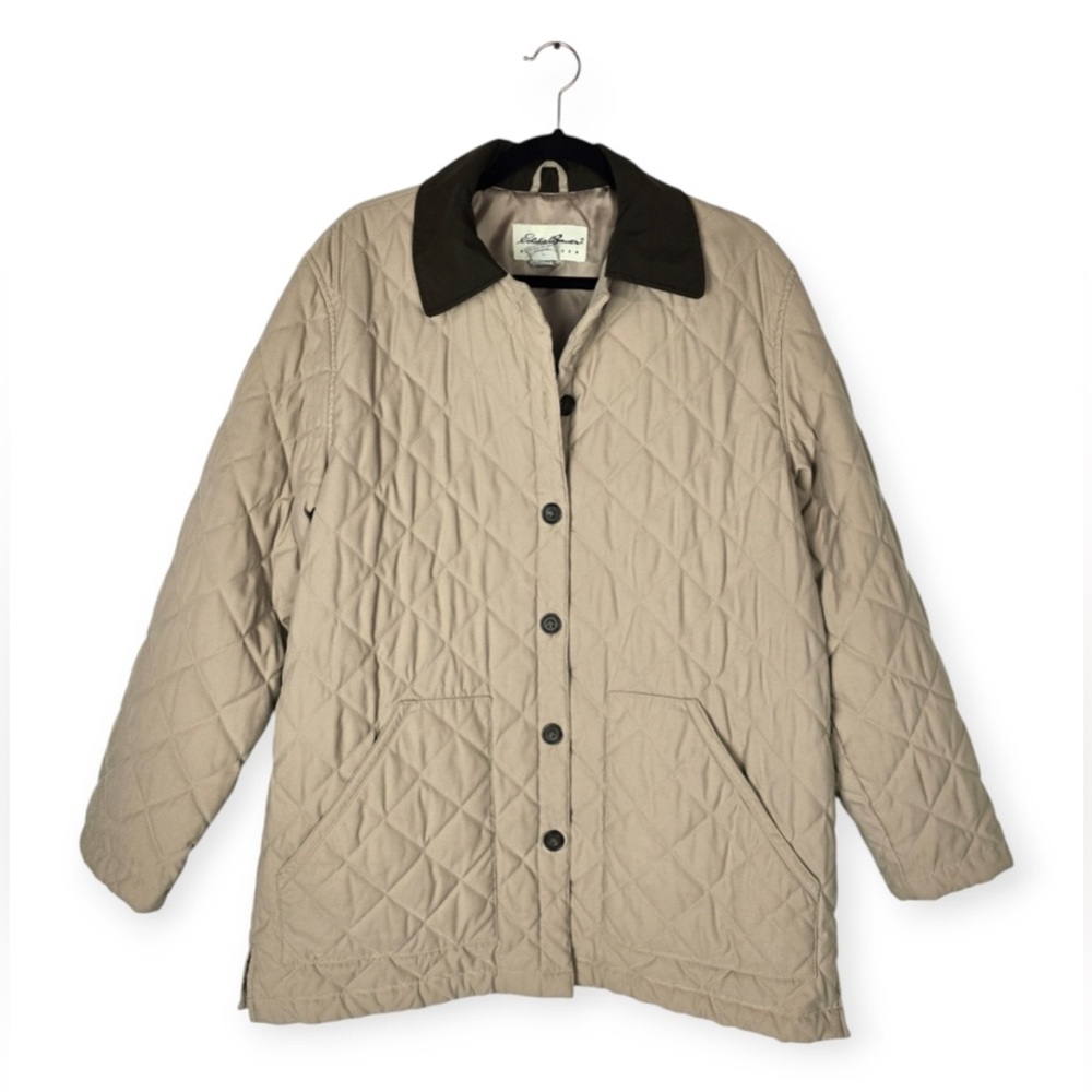 Vintage Eddie Bauer Tan Quilted Contrast Collar Barn Coat Jacket